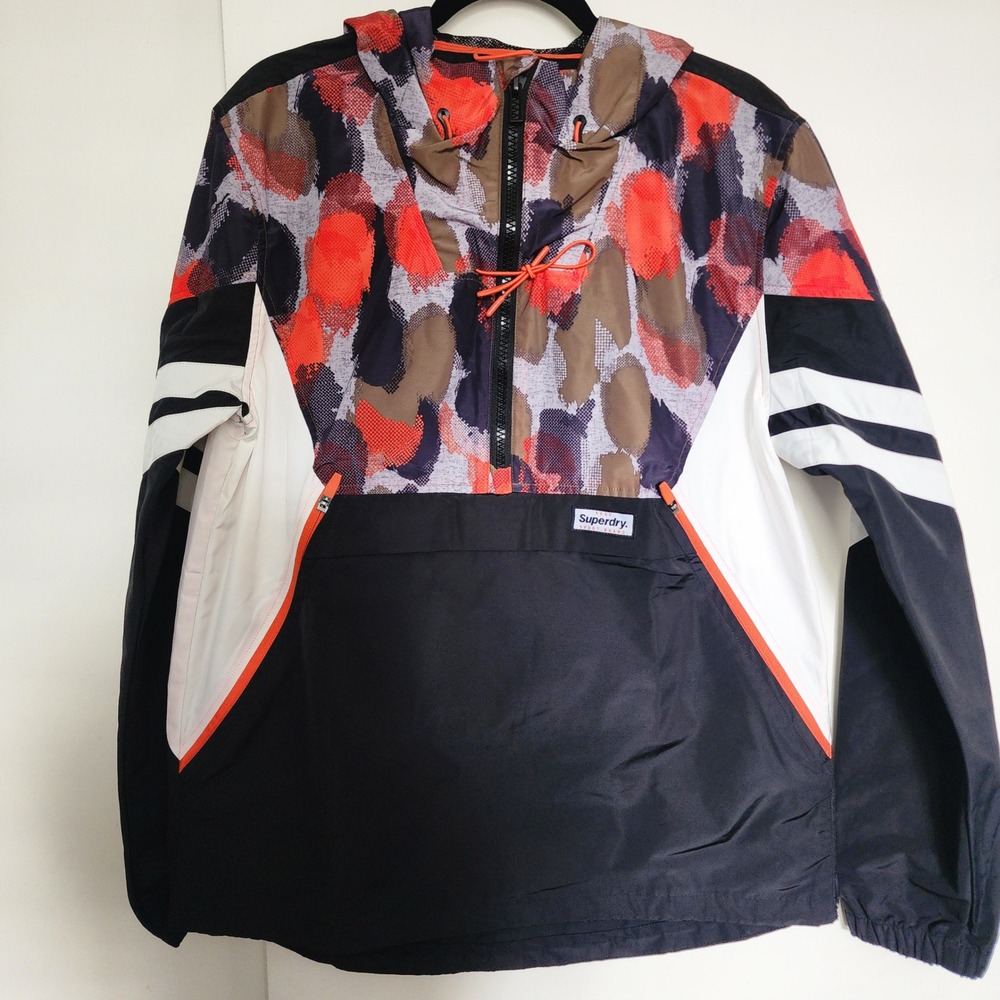 Superdry Windbreaker Anorak Mens Medium Black Orange Camo Excellent HalfZip Hood